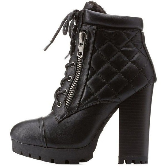BAMBOO Shoes - Bamboo Black Quilted Chunky Booties Heels 8.5